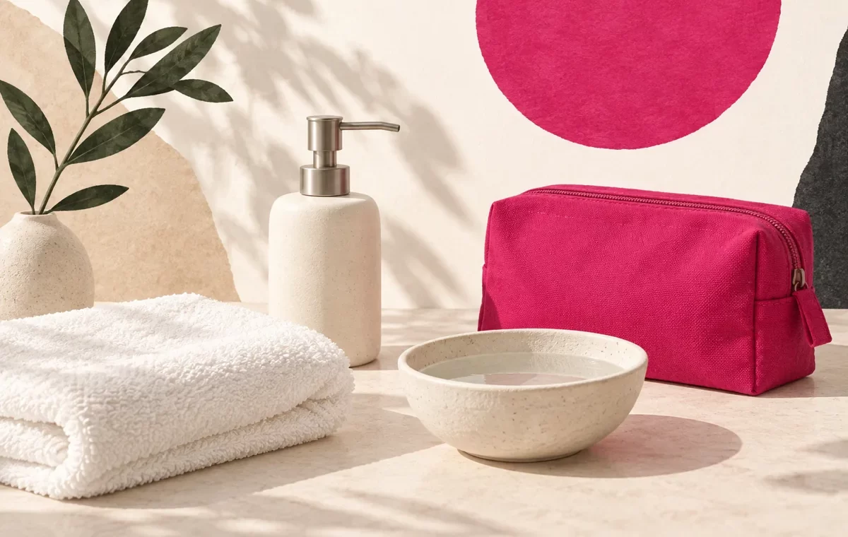 Serviette propre, savon, bol d’eau et pochette fuchsia disposés sur un fond crème.