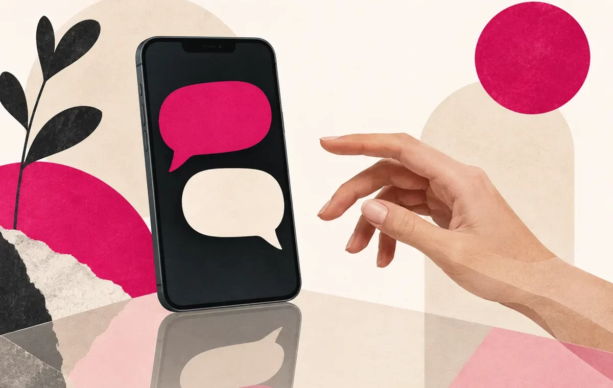 Une main se rapproche d’un téléphone montrant deux bulles de conversation, rose et crème.