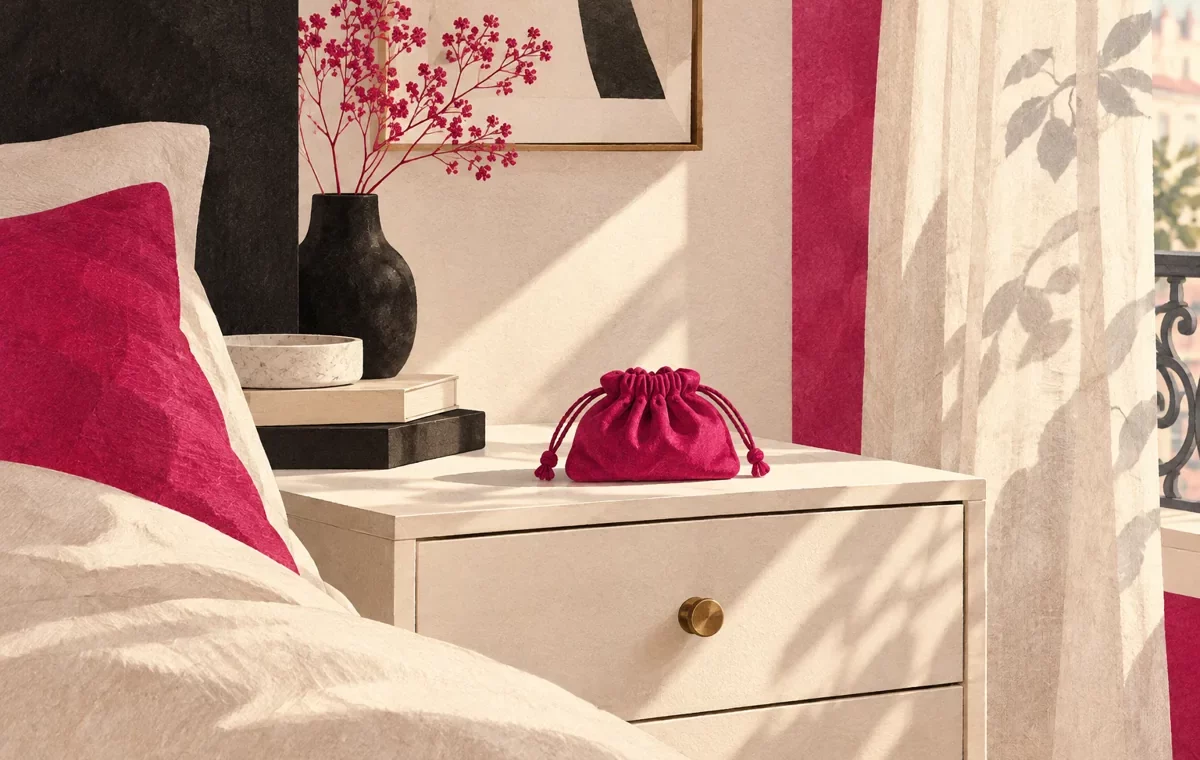 Une pochette fuchsia fermée repose sur une table de chevet dans une chambre aux tons crème.